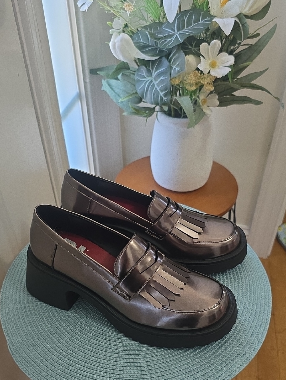 Dirty Laundry Womens Pewter Patent Leather Slip-on Chunky Heels Loafers 7.5